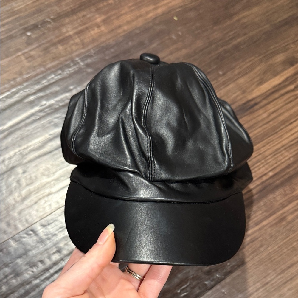 Black Faux Leather Newsboy Cap